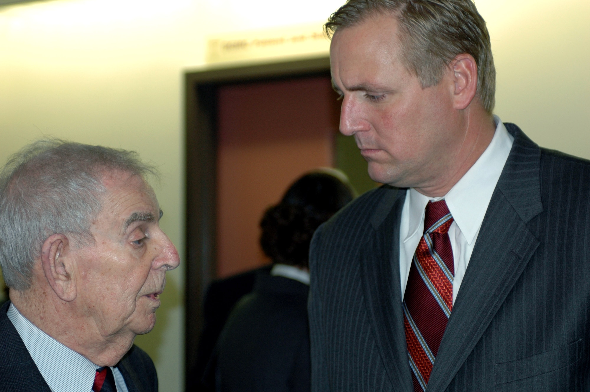 Retired Col. Art Krause, speaks with California State Senator Jeff Denham, (R-Merced), March 1 at the David Grant USAF Medical Center. The senator was on hand to present California Senate Concurrent Resolution 122. The resolution was the result of Colonel Krause's desire to see DGMC recognized for the contributions it has made to world peace, America's freedom and the way of life enjoyed by the people of the state of California. (U.S. Air Force photo/Staff Sgt. Candy Knight) 