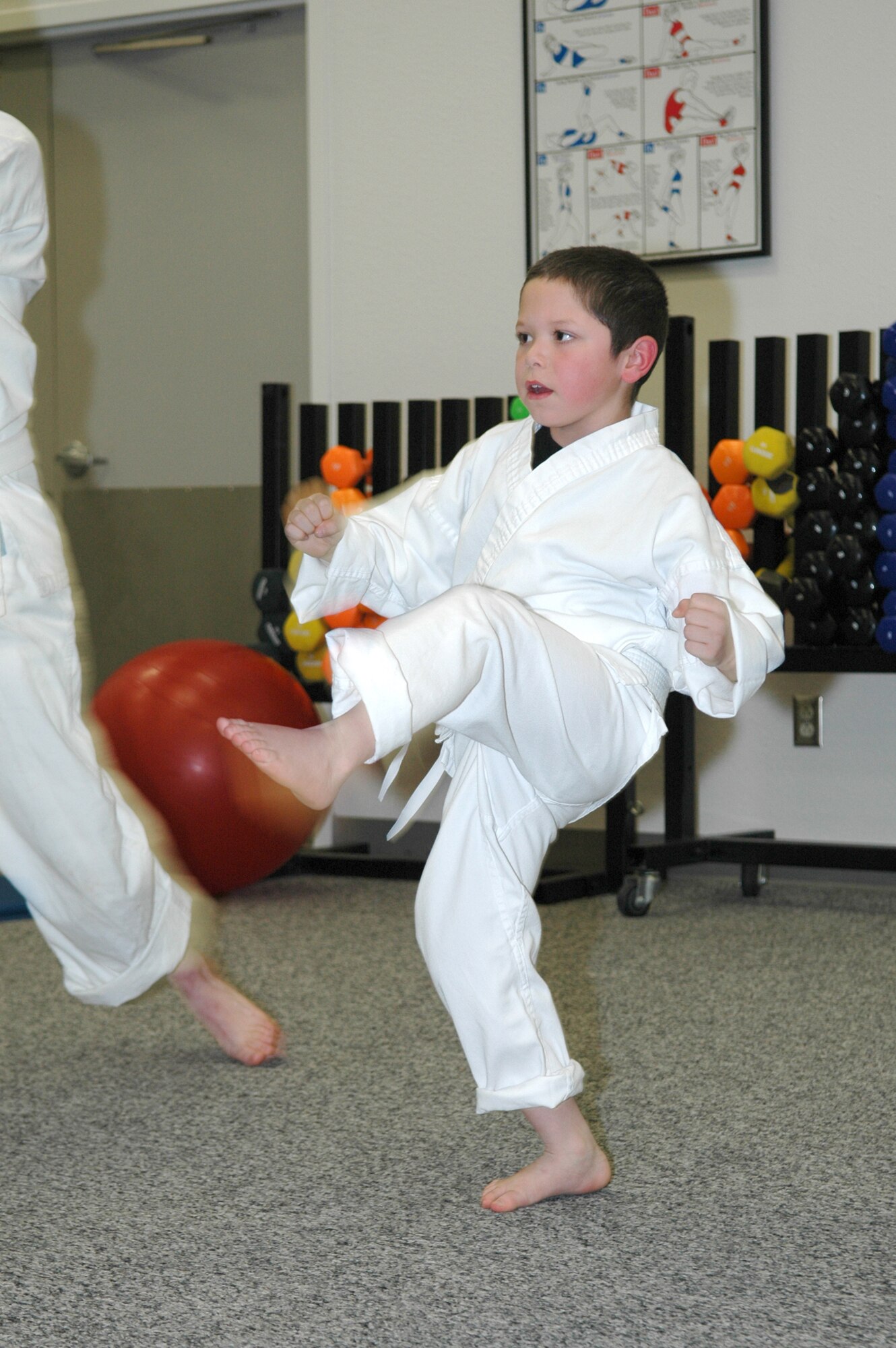 FAIRCHILD AIR FORCE BASE, Wash. -- Alex Sanchez, son of Kim and Staff Sgt. Paul Sanchez, 92nd Civil Engineer Squadron, practices a kick before returning to a ready position during Monday’s Shotokan Karate class. The class, which focuses on self-discipline, self-defense and self-motivation, is taught by Bruce Ward, who has 16 years of experience as a karate and self-defense instructor and holds a second-degree black belt in Shotokan Karate. (Photo by Staff Sgt. Kristian Carter)
