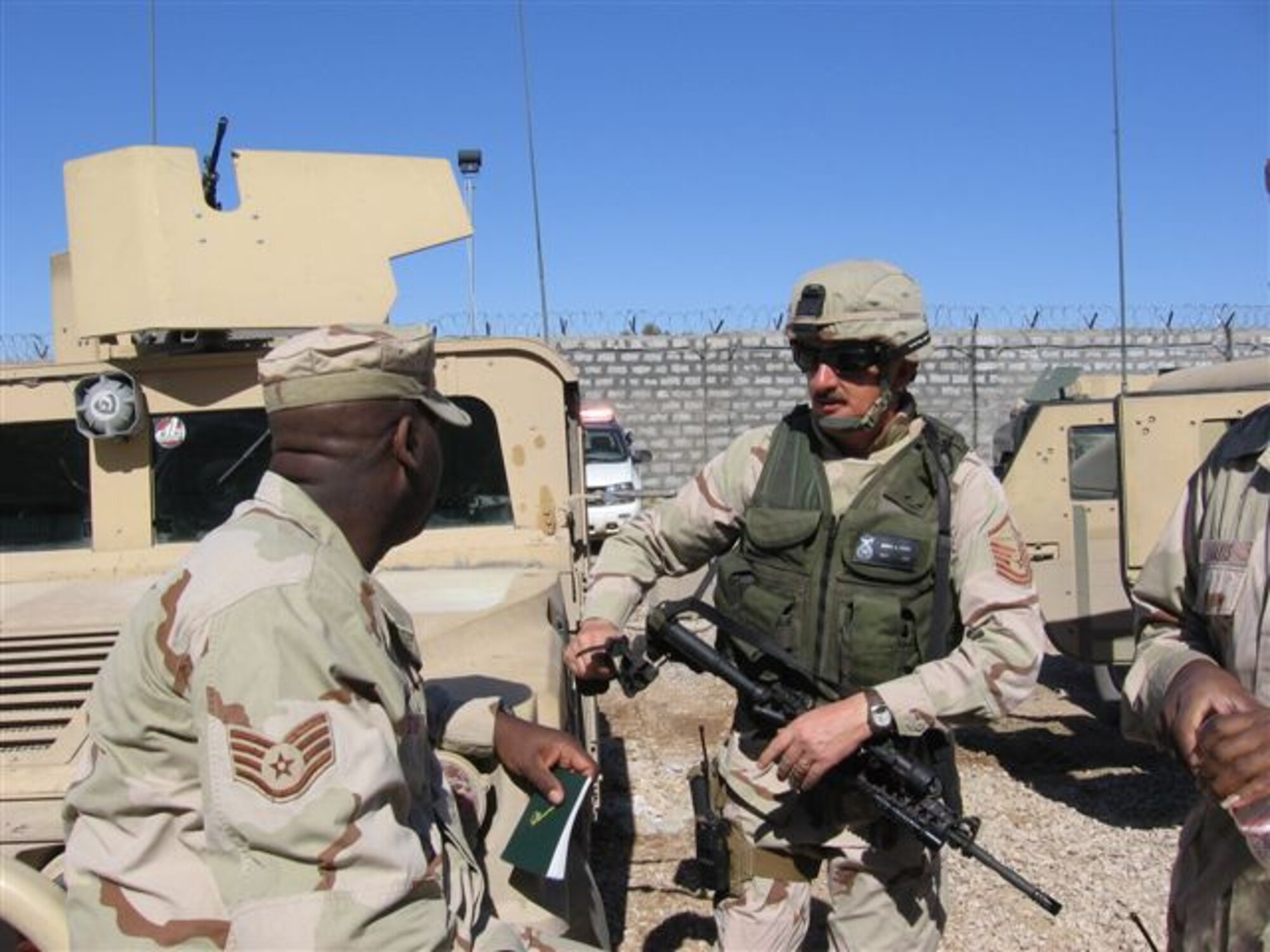 Master Sergeant Jeff Fenner, 100th Security Forces Squadron, prepares for convoy duty during his deployment to Iraq. Sergeant Fenner was recently presented the Bronze Star medal for his actions in Southwest Asia. (U.S. Air Force photo)