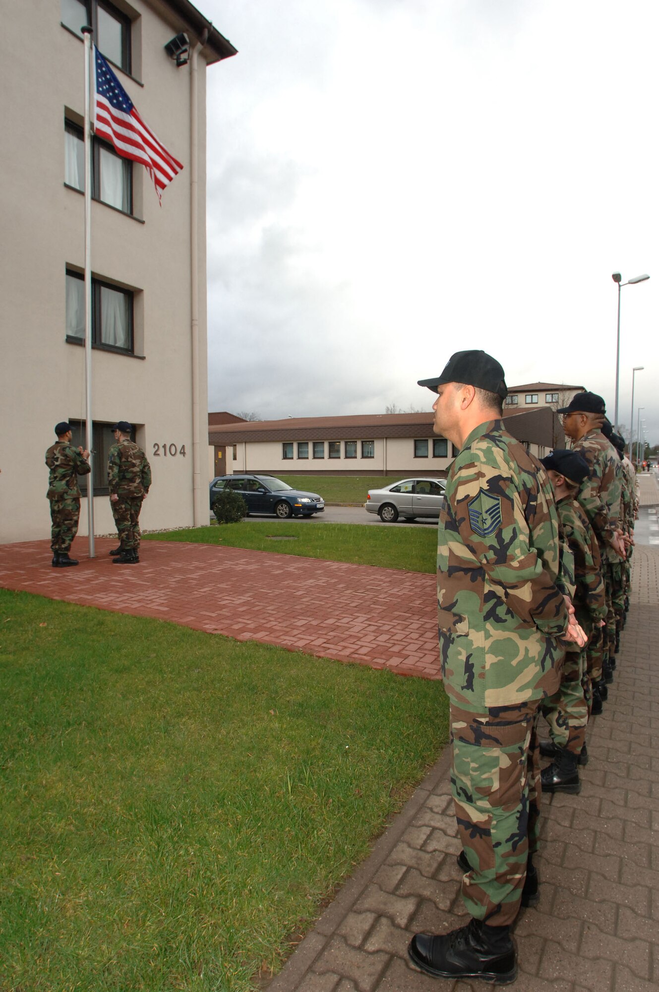 Former and Current Cadre from the Ramstein Area Motivational Program perform a final retreat ceremony before the official closure March 1, Ramstein. RAMP re-motivated 222 Airmen during its three-year existence on Ramstein. Photo by Airman 1st Class Julianne Showalter