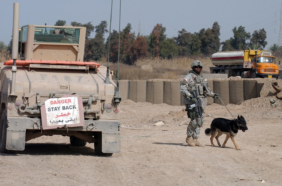 U.S. Army Staff Sgt. Clayton Glover, assigned to the 529th Military Police Company, and his military working dog, Alf ,search for explosives at an Iraqi checkpoint outside Samarra, Iraq, Feb. 27, 2007.