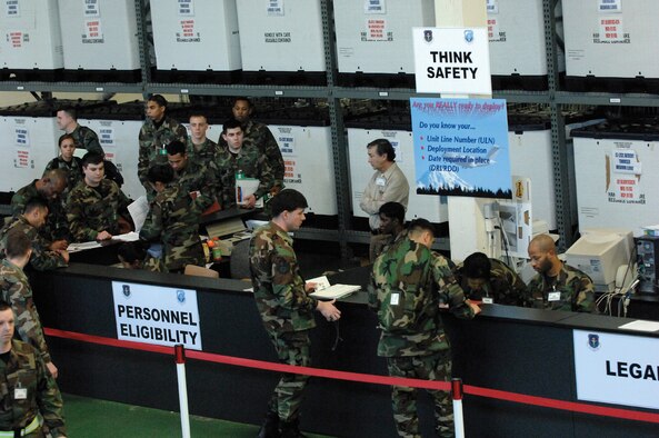 MCCHORD AIR FORCE BASE, Wash. -- A group of Airmen process through the deployment line March 6 in building 576 during a mobility exercise. (U.S. Air Force photo/Abner Guzman)

