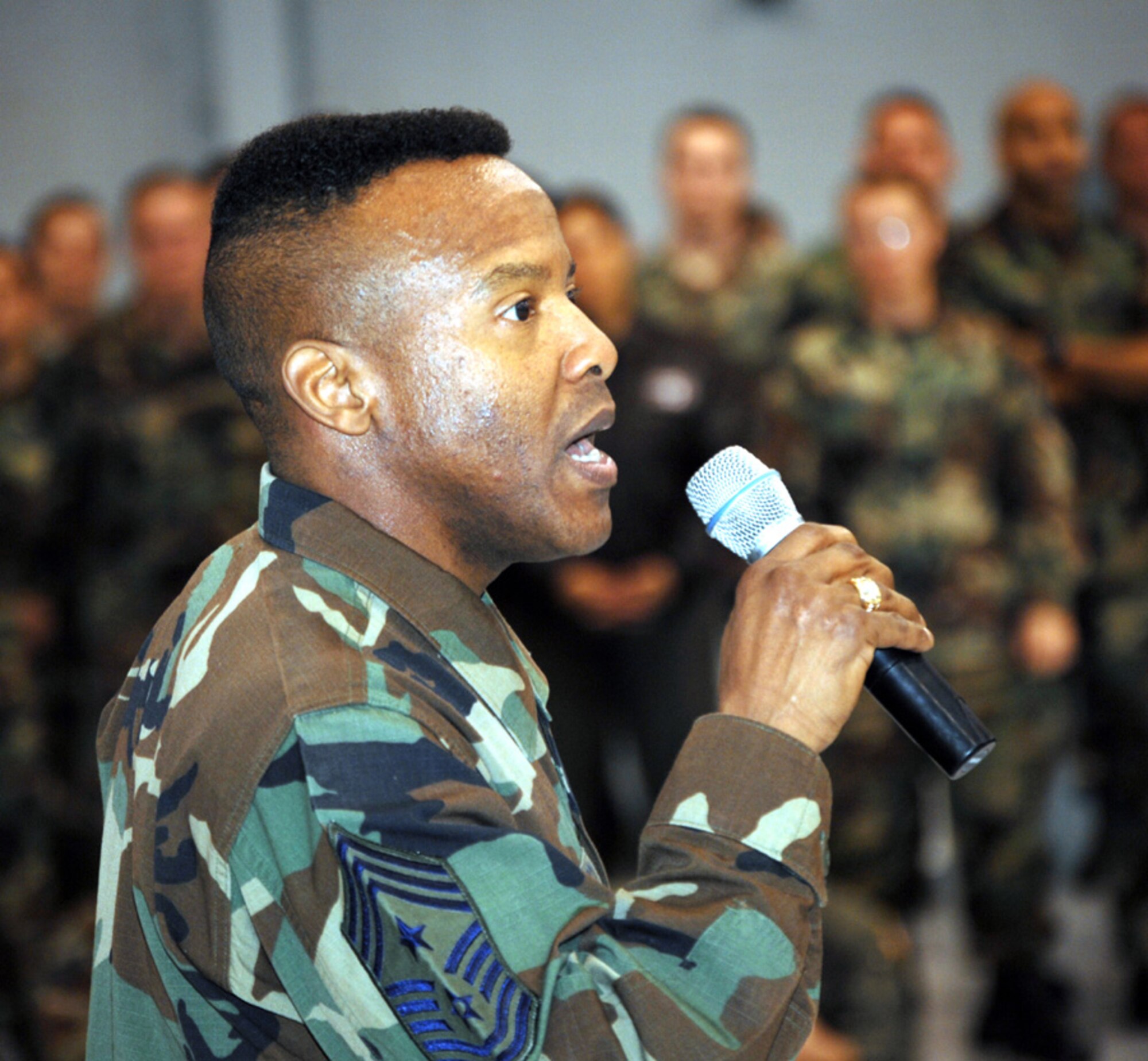 Chief Master Sgt. Jeffrey Richardson, 1st Special Operations Wing command chief, speaks to the enlisted force at Hurlburt before an enlisted call Tuesday. (U.S. Air Force photo by Stephanie Jacobs)