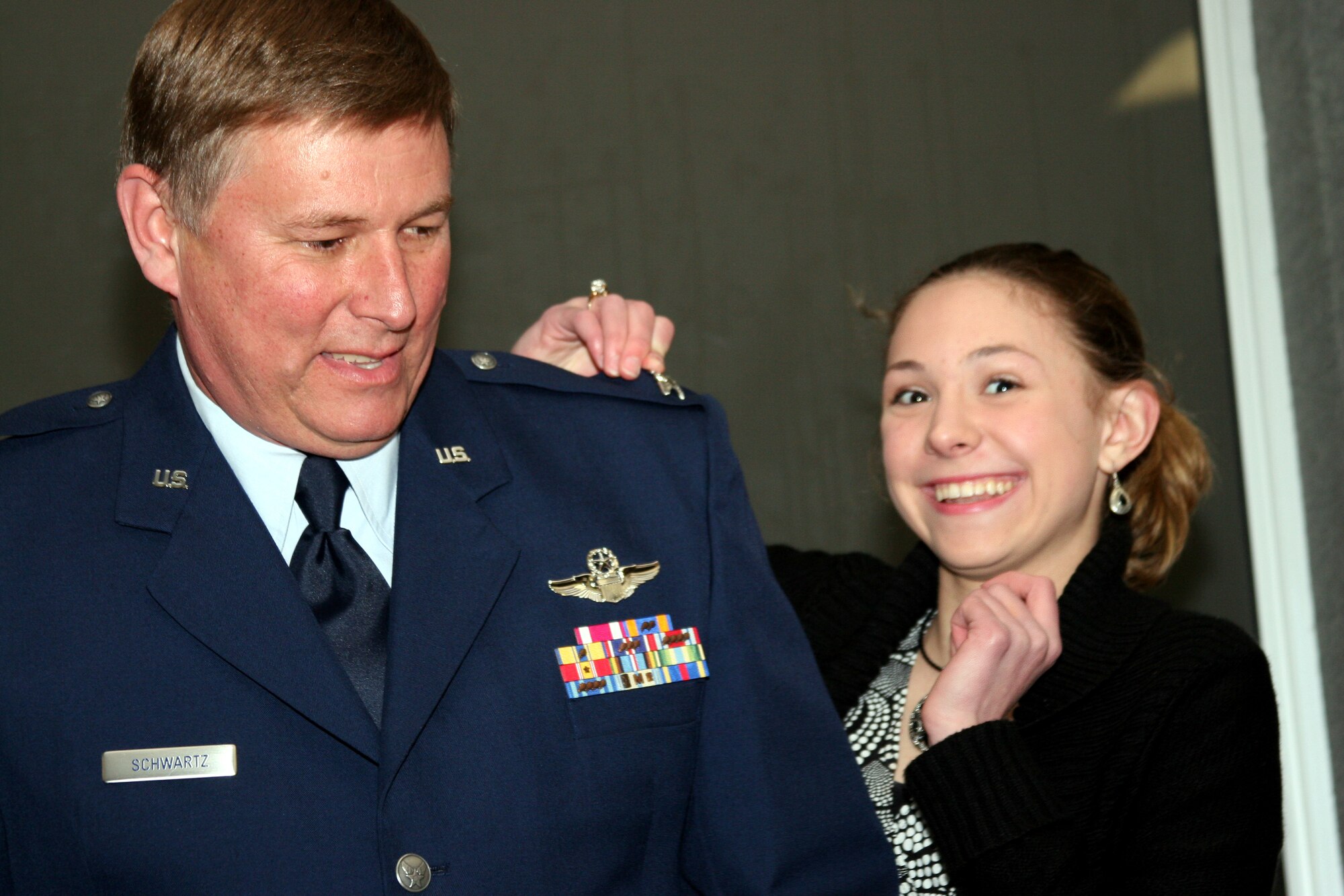 GRISSOM AIR RESERVE BASE, Ind., -- The Air Force has one more colonel as Douglas Schwartz received his new rank during a promotion ceremony on March. 4. Colonel Schwartz is a long-time member of the 434th Air Refueling Wing, but with his promotion came an assignment to Florida where he will help transition KC-135 Stratotankers from Michigan to the Sunshine State. (U.S. Air Force photo/Senior Airman Omar Delacruz)