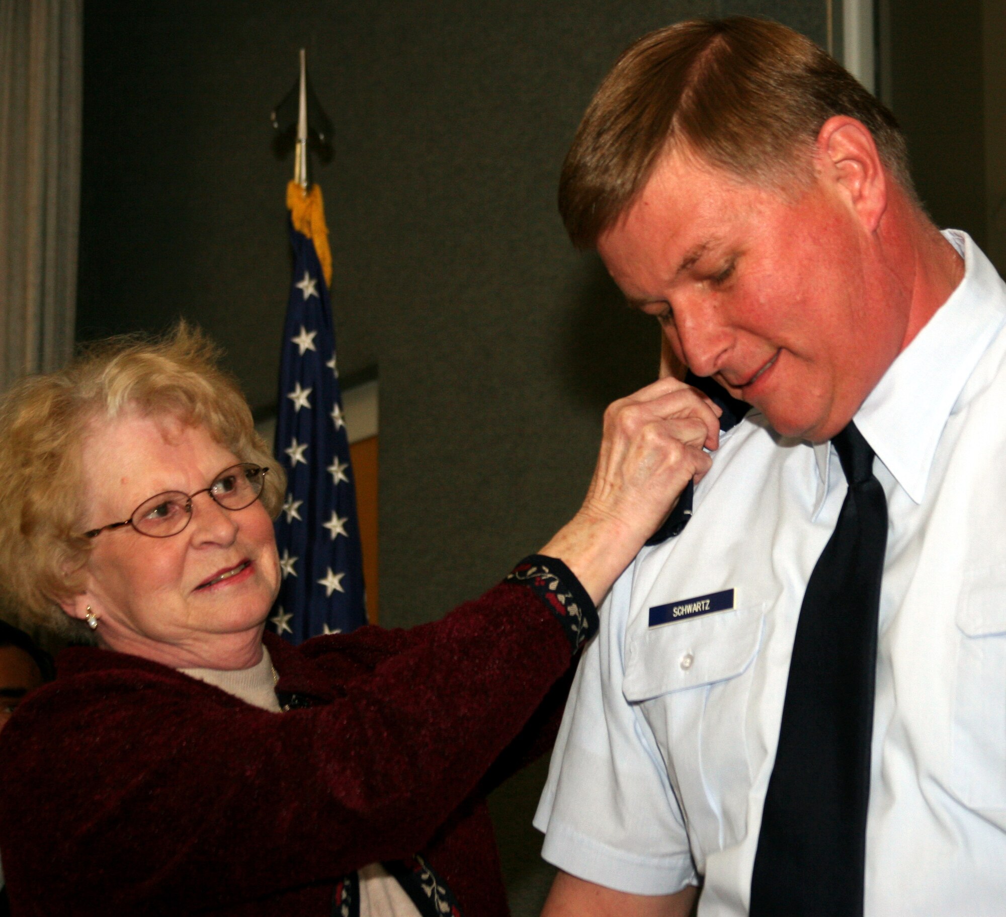 GRISSOM AIR RESERVE BASE, Ind.-- Col. Doug Schwartz has his new rank pinned on during a promotion ceremony March 4. Colonel Schwartz, a long time member of the 434th Air Refueling Wing, relocated to Florida following the promotion to help transition the KC-135 unit at Selfridge ANGB, Mich., to Florida. (U.S. Air Force photo/Senior Airman Omar Delacruz)