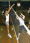 Allendra Taylor, left, from the 37th Mission Support Group, blocks the ball against Kristi Hales from the 859th Diagnostics and Therapy Squadron (Lab) March 6 at the Warhawk Fitness Center on Lackland Air Force Base, Texas. Lab defeated the 37th MSG 2-0, raising Lab's record to 2-1 and in second place in women's intramural volleyball competition. (USAF photo by Alan Boedker)                                  