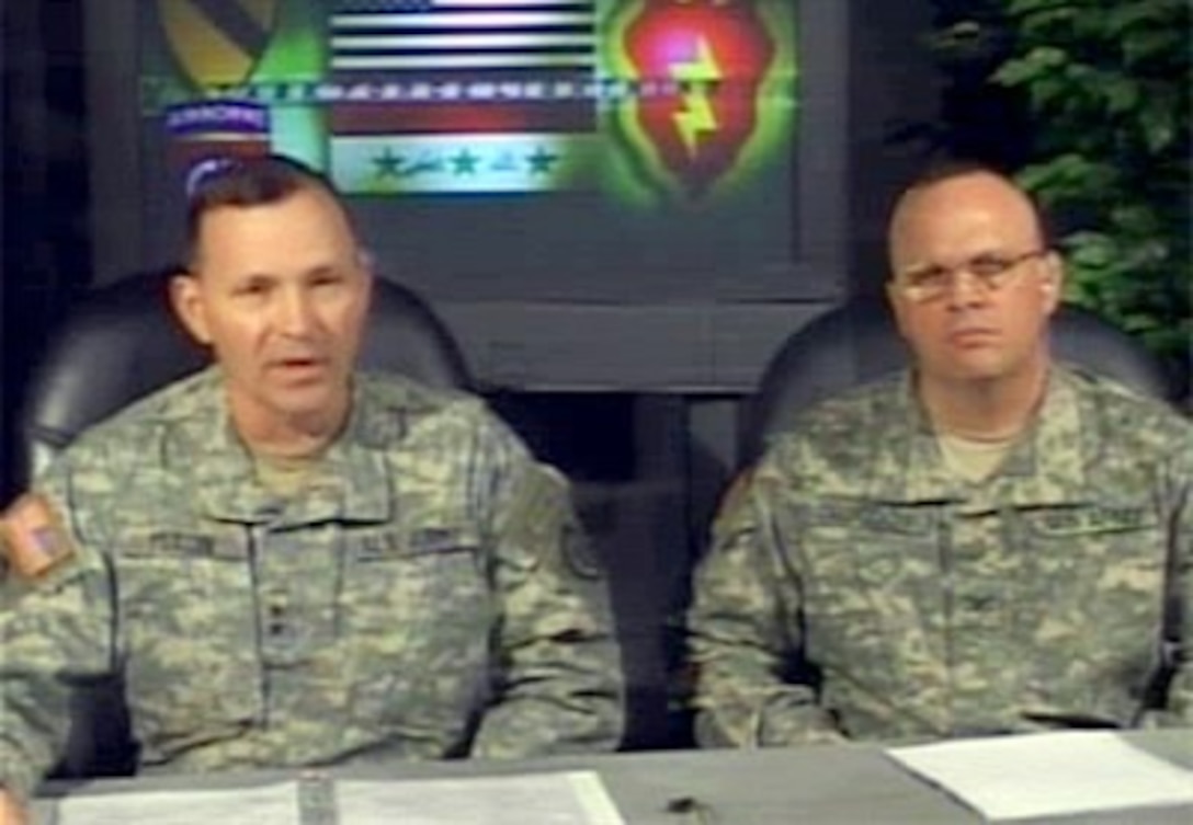 U.S. Army Maj. Gen. Benjamin Mixon, commander of Multi-National Division-North and the 25th Infantry Division, and U.S. Army Col. Trogdon speak with Pentagon reporters via satellite, providing an update on ongoing security operations in Iraq. 