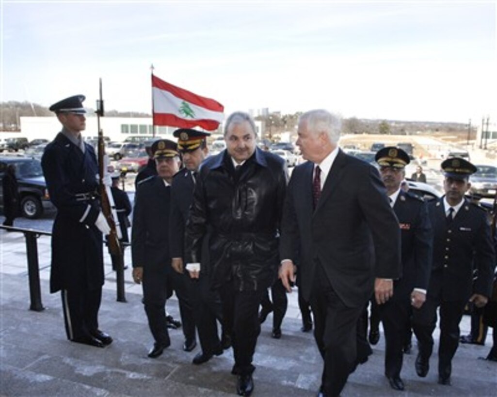 070308-D-2987S-004
 Secretary of Defense Robert M. Gates (rights) escorts Lebanese Minister of Defense Elias Murr (left) through an honor cordon and into the Pentagon on Mar. 8, 2007.  Gates and Murr will meet to discuss defense issues of mutual interest.  