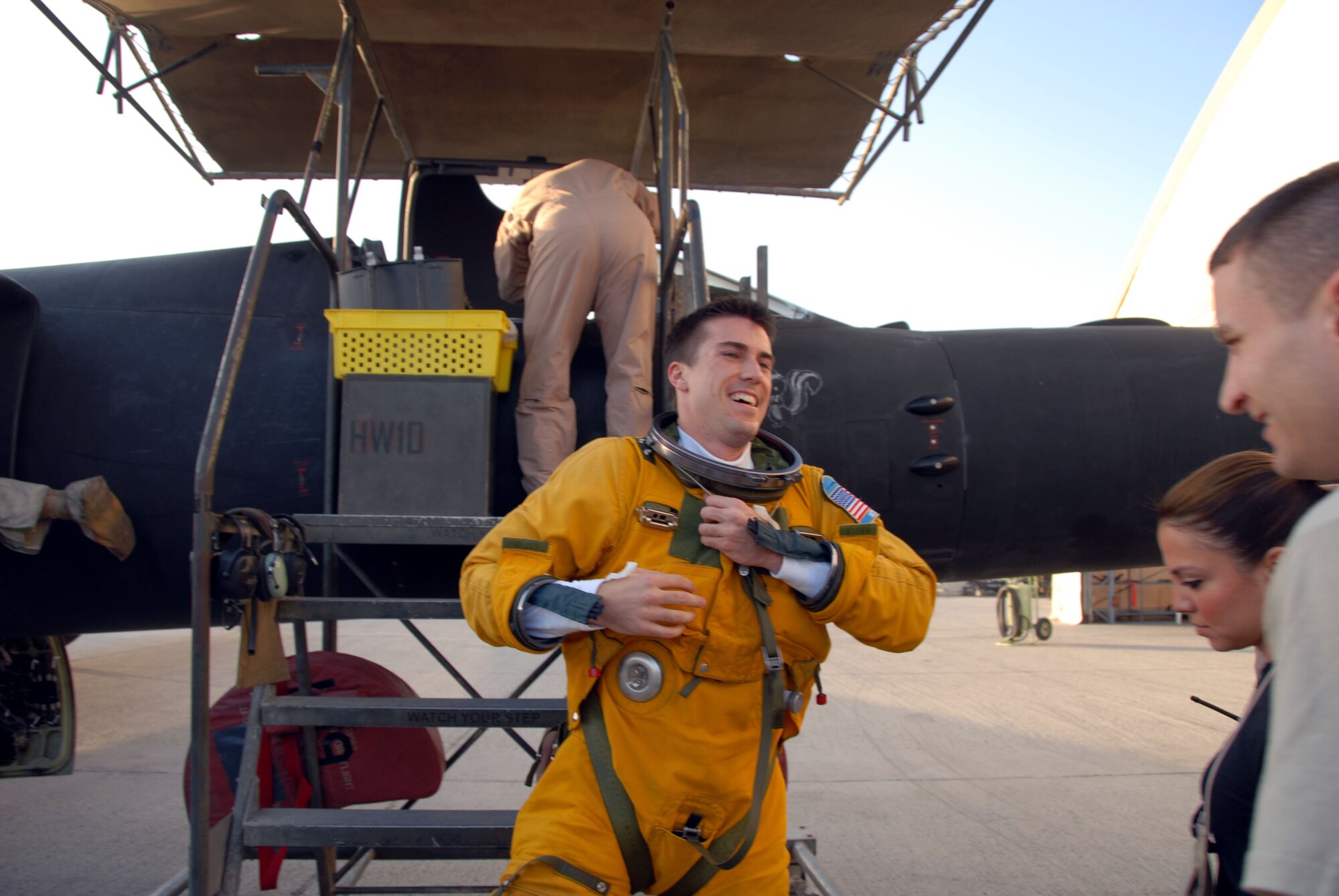 U-2 pilot Capt. Justin Gittins exits the Dragonlady following his first combat sortie, a 10-hour flight. Well-trained pilots like Captain Gittins frequently fly aging aircraft, including the U-2, in operations Iraqi Freedom and Enduring Freedom to deliver the intelligence, surveillance and reconnaissance needed by commanders at all levels. Captain Gittins is assigned to the 99th Expeditionary Reconnaissance Squadron. (U.S. Air Force photo)