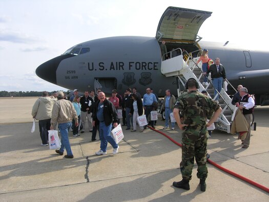 For many a second job might be against company policy, but for traditional reservists of the 916th Air Refueling Wing at Seymour Johnson Air Force Base their part-time job defending the nation became an exciting field trip for their civilian bosses in mid-March. The air-to-air refueling wing invited more than 40 employers from across North Carolina, Virginia and Georgia to learn about the wing and see a mid-air refueling. At the end of the day employers were able to meet up with their Reserve employees to take a tour of their work station and learn more about how their employees give back to the nation in many different ways. (U.S. Air Force photo/SrA Randy C. LeMay)

