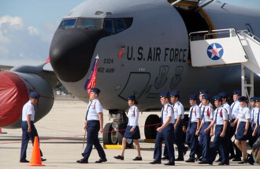 Some 400 Air Force Junior ROTC cadets recently performed a Pass in Review ceremony at March Air Reserve Base. The Pass in Review is a long-standing military tradition that began as a way for a newly assigned commander to inspect their troops. Brig. Gen. James L. Melin, commander, 452nd Air Mobility Wing, served as the reviewing officer. Cadets from several schools in the area participated in the ceremony. A KC-135 (pictured) and a C-17 were opened for the cadets to tour. Afterwards, the students were treated to pizza and soda served by local community members. (U.S. Air Force photos by Maj. Don Traud)