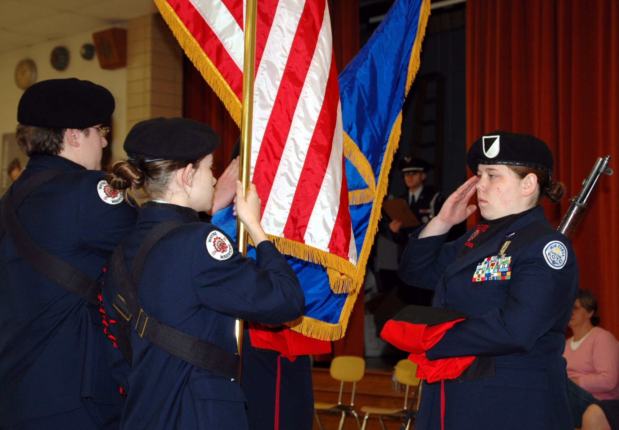WRIGHT-PATTERSON AFB, Ohio -- Members of Wayne High School Junior Reserve Officers’ Training Corps (JrROTC) drill team from Dayton, Ohio drill in front of judges at the "All Air Force Regional Drill Meet" held at Tecumseh High School, New Carlisle, Ohio. (U.S. Air Force Photo/Tech. Sgt. Charlie Miller).

