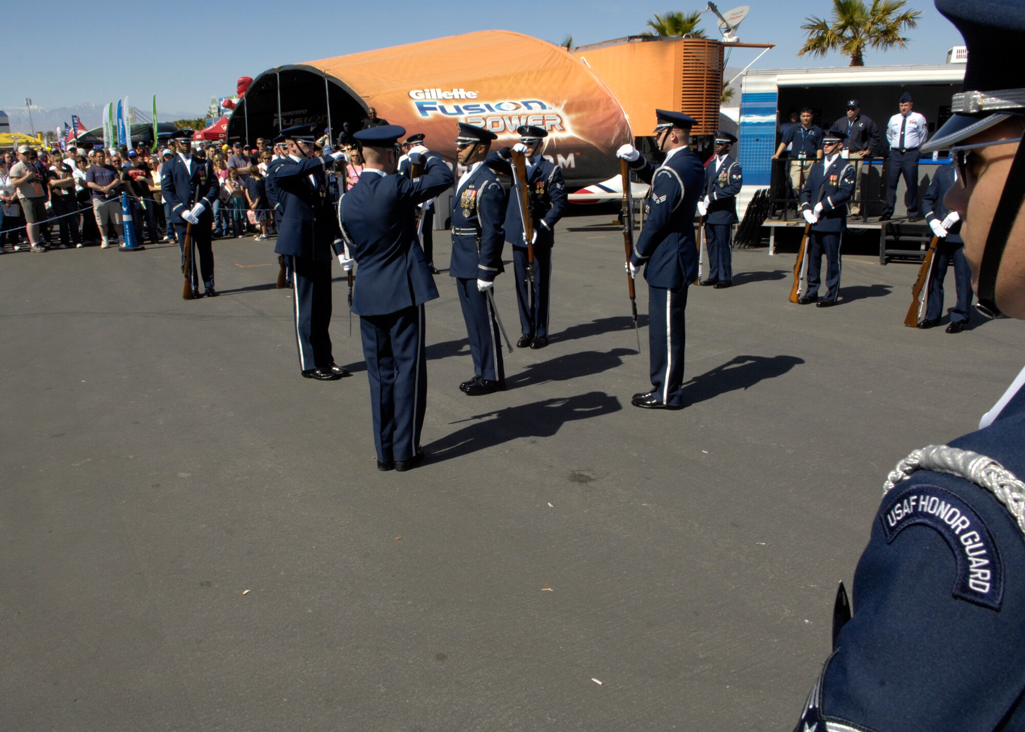 The United States Air Force Honor Guard Drill Team perform at the Las Vegas Motor Speedway, Las Vegas, Nev., March 10, 2007. The Drill Team is the traveling component of the Air Force Honor Guard and tours Air Force bases world wide showcasing the precision of today's Air Force to recruit, retain, and inspire Airmen for the Air Force mission. (U.S. Air Force photo/Airman 1st Class Rusti Caraker)