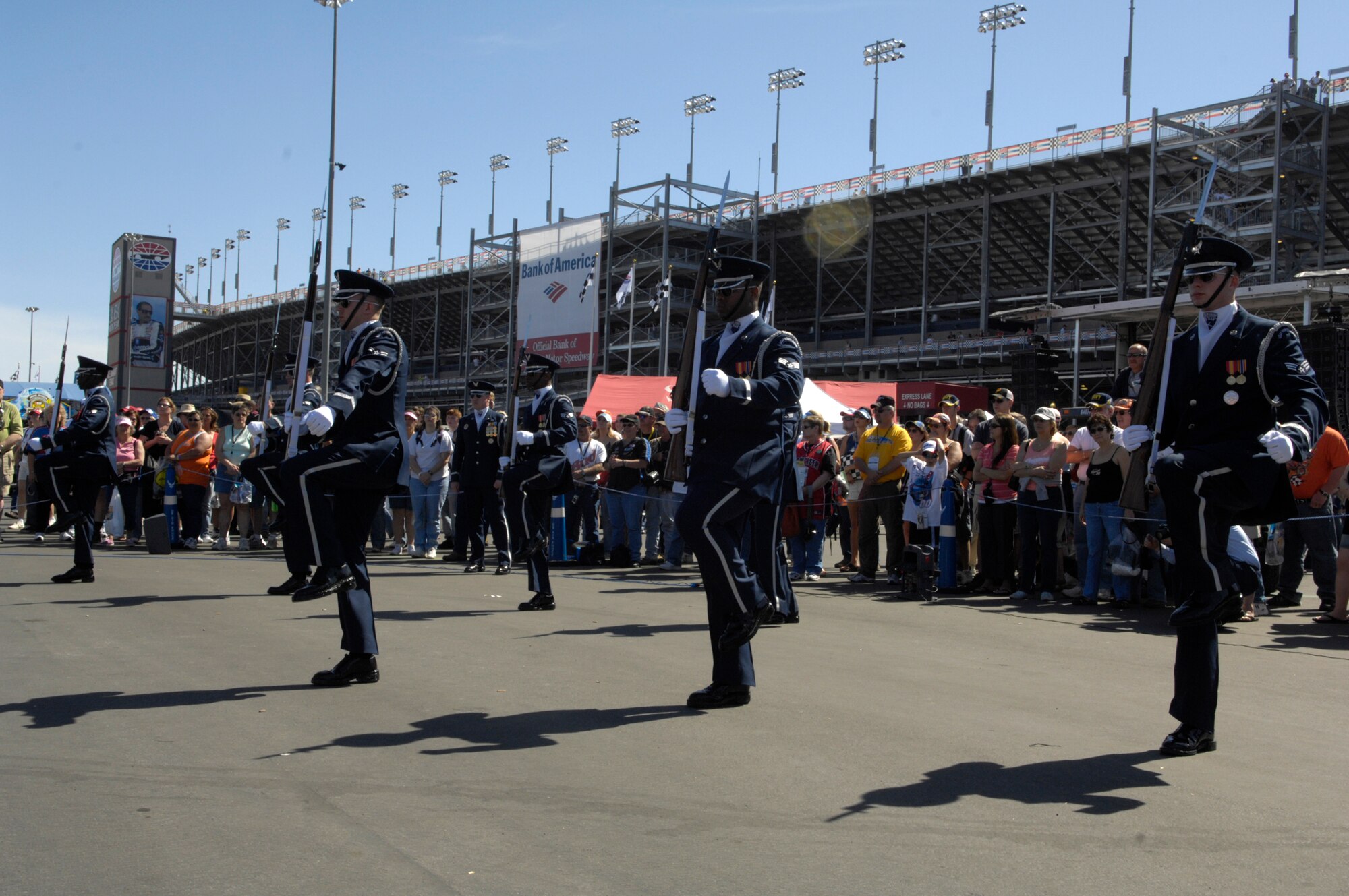 The United States Air Force Honor Guard Drill Team performs at the Las Vegas Motor Speedway, Las Vegas, Nev., March 10, 2007. The Drill Team is the traveling component of the Air Force Honor Guard and tours Air Force bases world wide showcasing the precision of today's Air Force to recruit, retain, and inspire Airmen for the Air Force mission. (U.S. Air Force photo/Airman 1st Class Rusti Caraker)
