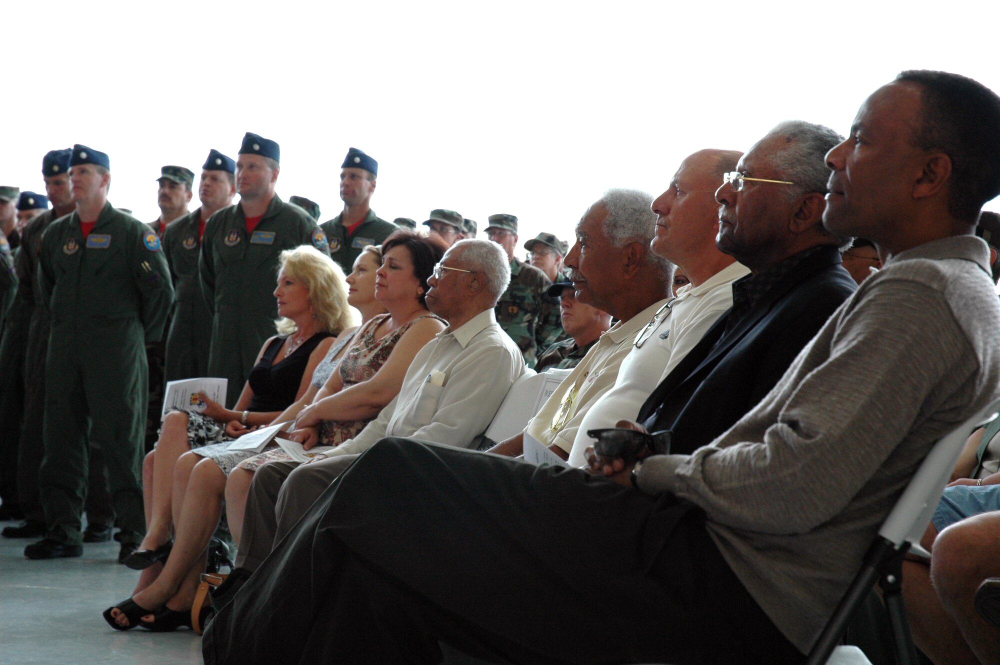 Tuskegee Airmen were among the distinguished visitors as the 944th Fighter Wing bid farewell to its maintenance personnel and 302nd Fighter Squadron. The Tuskegee Airmen were members of of the 302nd FS during World War II flying more than 15,500 combat sorties and more than 200 bomber escort missions without ever losing a bomber to an enemy fighter. (U.S. Air Force photo/Staff Sgt. Susan Stout)