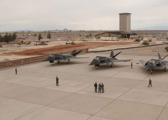 The first six F-117A Nighthawks await their final flight to Tonopah Test Range, Nev., March 12. (U.S. Air Force photo by Airman 1st Class John Strong)