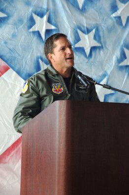 Brig. Gen. David Goldfein, 49th Fighter Wing commander, speaks at the retirement ceremony of the first six F-117A Nighthawks flying to Tonopah Test Range, Nev., March 12 (U.S. Air Force photo by Airman 1st Class Tiffany Mayo) 