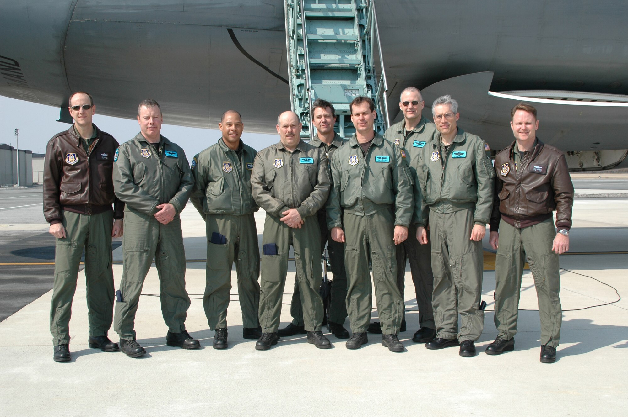 The aircrew for the 326th Airlift Squadron's final C-5 Galaxy flight on March 10 were, from left, Lt. Col. William Russell; Maj. Sterling Davis; Master Sgt. Gerald Mitchell; Chief Master Sgt. Donald Cunningham; Maj. Noel Soderlund; Tech. Sgt. Rod Lopez; Master Sgt. Chas Devine; Lt. Col. Craig LaFave; and Lt. Col. Louis Patriquin, aircraft commander. The 326th AS is a unit in the Air Force Reserve Command's 512th Airlfit Wing. The squadron, which has been flying the C-5 since 1973, is transitioning to the C-17 Globemaster III, scheduled to arrive in June. (U.S. Air Force photo/Tech. Sgt. Veronica A. Aceveda)