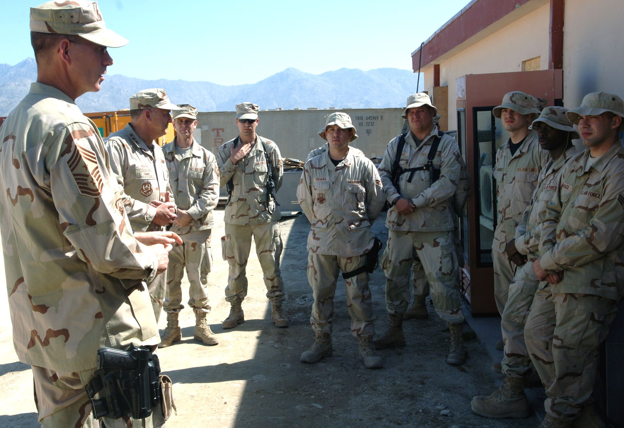 Chief Master Sgt. Richard Small and Lt. Gen. Gary North address Airmen at the Mehtar Lam Provincial Reconstruction Team in Afghanistan. Chief Small is the U.S. Central Command Air Forces command chief master sergeant and General North is the U.S. Central Command Air Forces commander. (U.S. Air Force photo/Capt. Travis B. Tougaw)