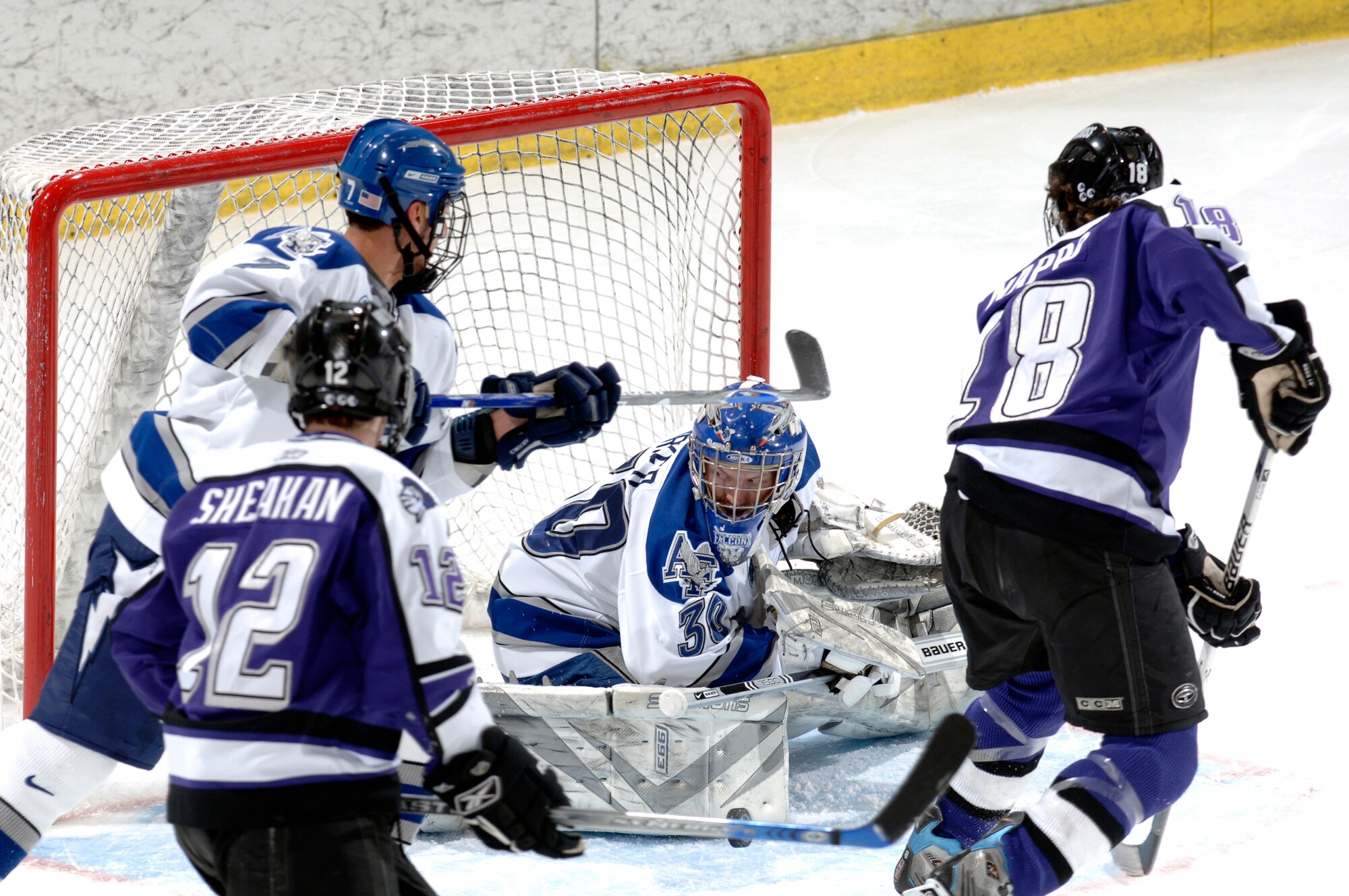 Senior goalie Ben Worker recorded his third shutout of the season in leading Air Force to a 3-0 win over Holy Cross in the quarterfinals of the Atlantic Hockey Association Tournament. Worker stopped all 17 shots he faced. (Courtesy photo/Mike Kaplan)
