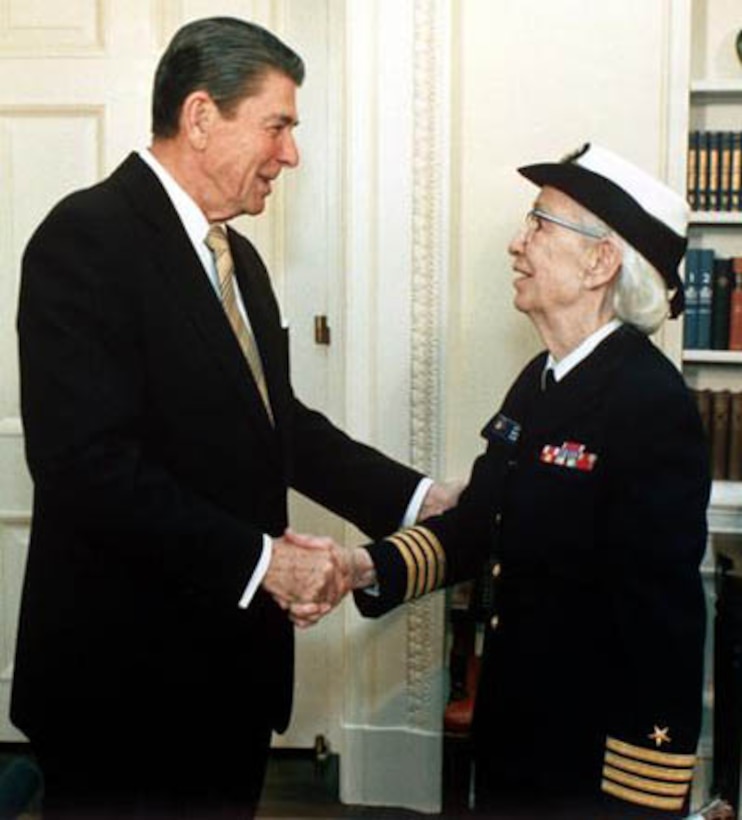 President Ronald Reagan greets Capt. Grace Hopper as she arrives at the White House for her promotion to commodore, a rank now called rear admiral (lower half), Dec. 15, 1983. Photo by Pete Souza 