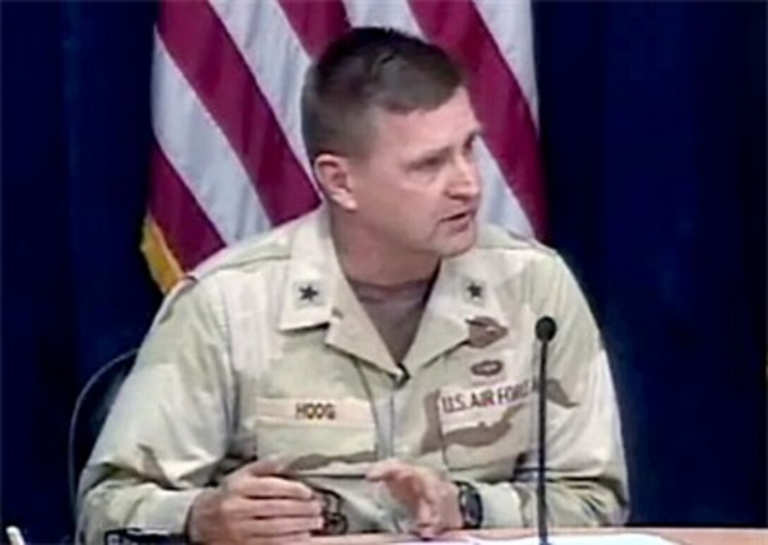 Air Component Coordination Element Director U.S. Air Force Brig. Gen. Stephen Hoog speaks with reporters in Iraq, March 12. 2007. 