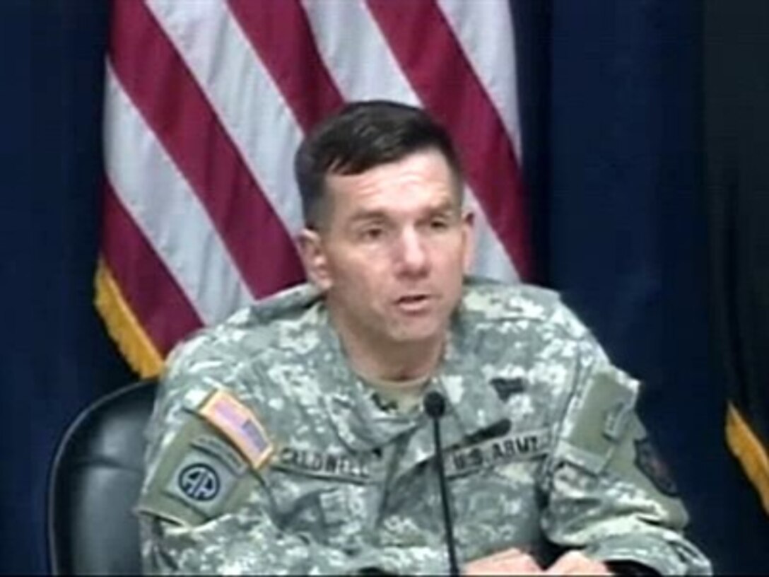 Multi-National Force-Iraq spokesman U.S. Army Maj. Gen. William Caldwell speaks with reporters in Baghdad, March 12. 2007.