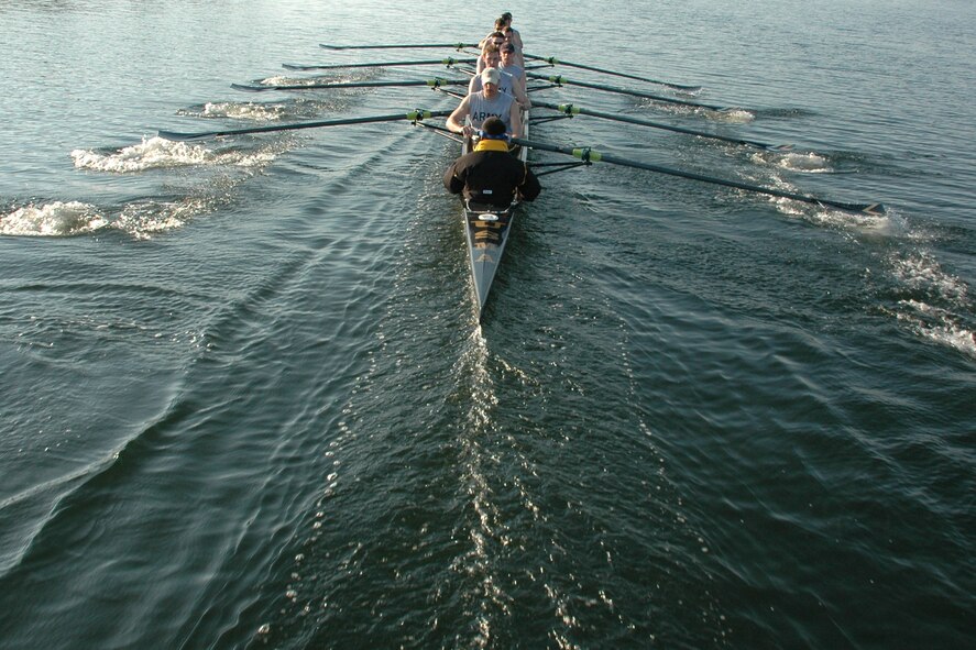 EGLIN AIR FORCE BASE, Fla. -- The U.S. Military Academy Crew Team men's varsity squad, West Point, N.Y., gets in a practice during an early morning workout March 13 in Boggy Bayou, off the Choctawhatchee Bay. The team is split up into four squads: men's varsity and novice, and women's varsity and novice. The team is here during their spring break to practice in the warmer Florida temperatures. (U.S. Air Force photo by Staff Sgt. Mike Meares)