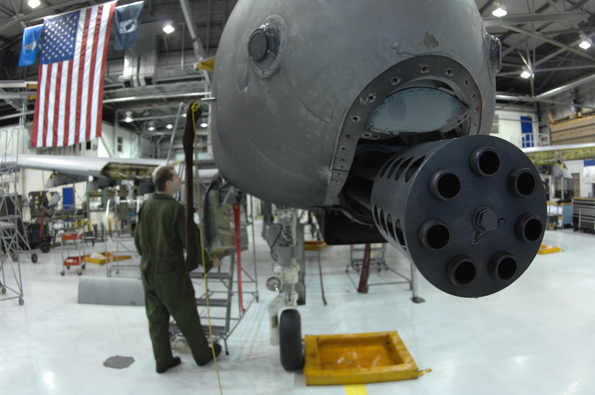 EIELSON AIR FORCE BASE, Alaska -- Also known as "Gunslingers",  A-10 pilots use a 30mm GAU-8/A seven barrel Gatling gun as their primary weapon for disabling enemy ground targets. The gun can fire at 3,900 rounds per minute. The aircraft also utilizes other munitions such as 500 pound Mk-82 and 2,000 pound Mk-84 series low/high drag bombs, AGM-65 Maverick and AIM-9 Sidewinder missiles.
(U.S. Air Force Photo by Staff Sgt Joshua Strang)