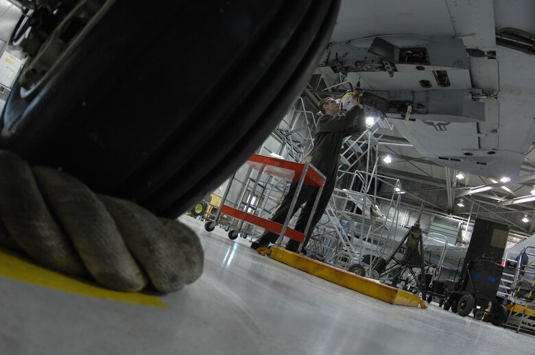 EIELSON AIR FORCE BASE, Alaska -- Airman First Class Guy Mitchell, 354th Aircraft Maintenance Squadron, works on an A-10 Thunderbolt II leading edge panel during Phase maintenance on Mar. 13. Phase maintenance is an overhaul of the entire aircraft which ensures it is ready for safe flight.The 354th Maintenance Squadron is in charge of the Phase program and can turn an A-10 around in 10 days.
(U.S. Air Force Photo by Staff Sgt Joshua Strang)