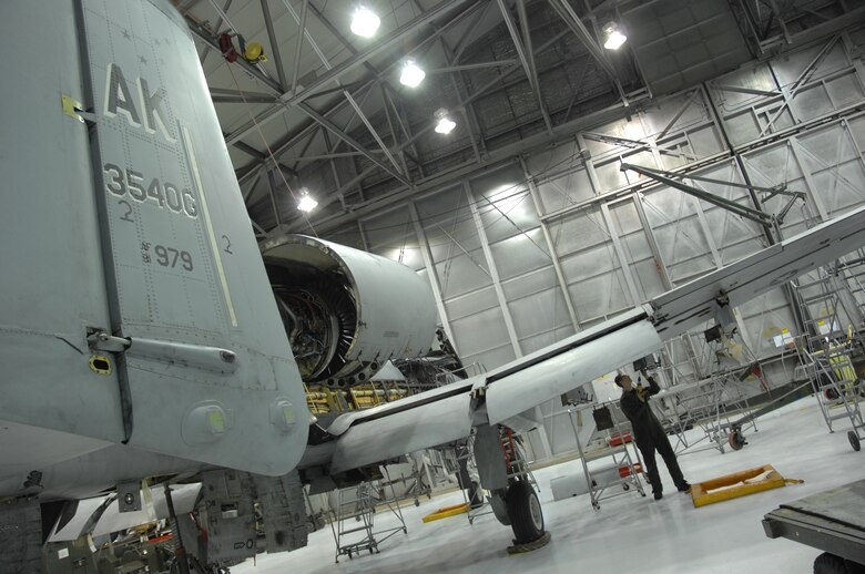 EIELSON AIR FORCE BASE, Alaska -- Airman First Class Guy Mitchell, 354th Aircraft Maintenance Squadron, works on an A-10 Thunderbolt II leading edge panel during Phase maintenance on Mar. 13. Phase maintenance is an overhaul of the entire aircraft which ensures it is ready for safe flight.The 354th Maintenance Squadron is in charge of the Phase program and can turn an A-10 around in 10 days.
(U.S. Air Force Photo by Staff Sgt Joshua Strang)
