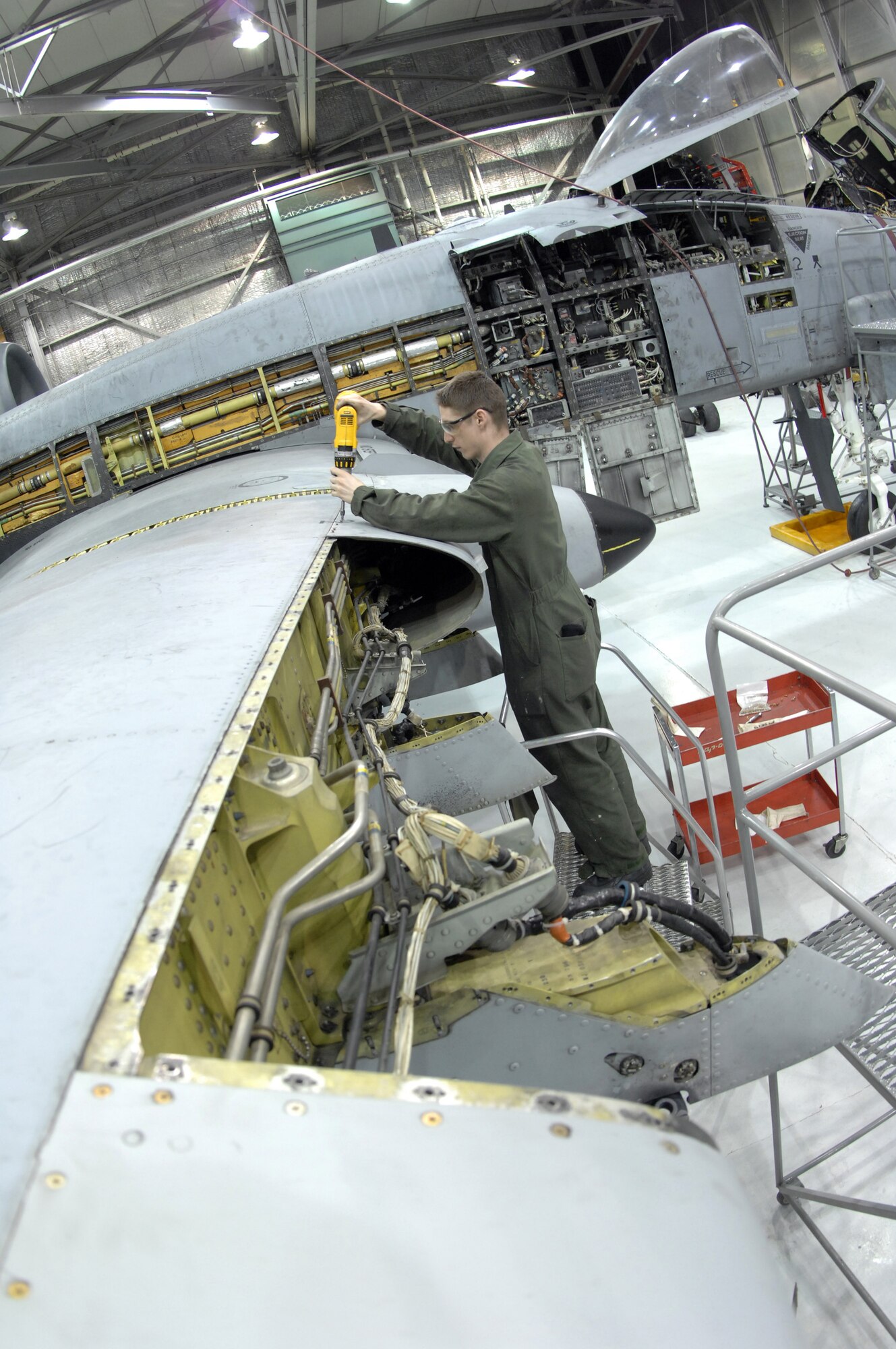 EIELSON AIR FORCE BASE, Alaska -- Airman First Class Guy Mitchell, 354th Aircraft Maintenance Squadron, works on an A-10 Thunderbolt II leading edge panel during Phase maintenance on Mar. 13. Phase maintenance is an overhaul of the entire aircraft which ensures it is ready for safe flight.The 354th Maintenance Squadron is in charge of the Phase program and can turn an A-10 around in 10 days. 
(U.S. Air Force Photo by Staff Sgt Joshua Strang)