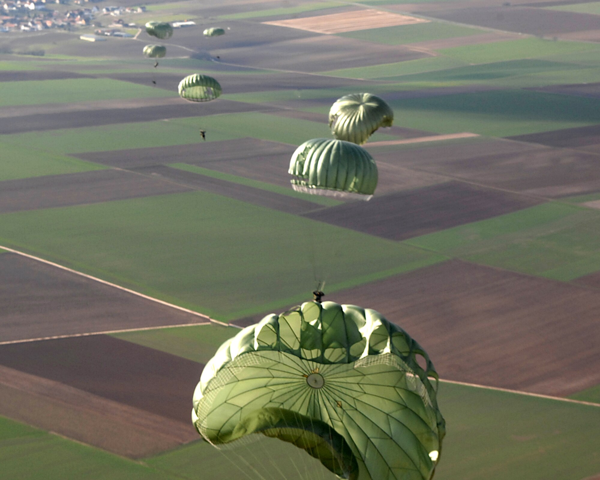Airmen of the 786th Security Forces Ravens from Sembach Annex, Germany and Soldiers from the 5th Quarter Master Arial Delivery crew open their parachutes March 7 as they execute an airborne jump exercise over southwestern Germany. (U.S. Air Force photo/Airman Kenny Holston) 