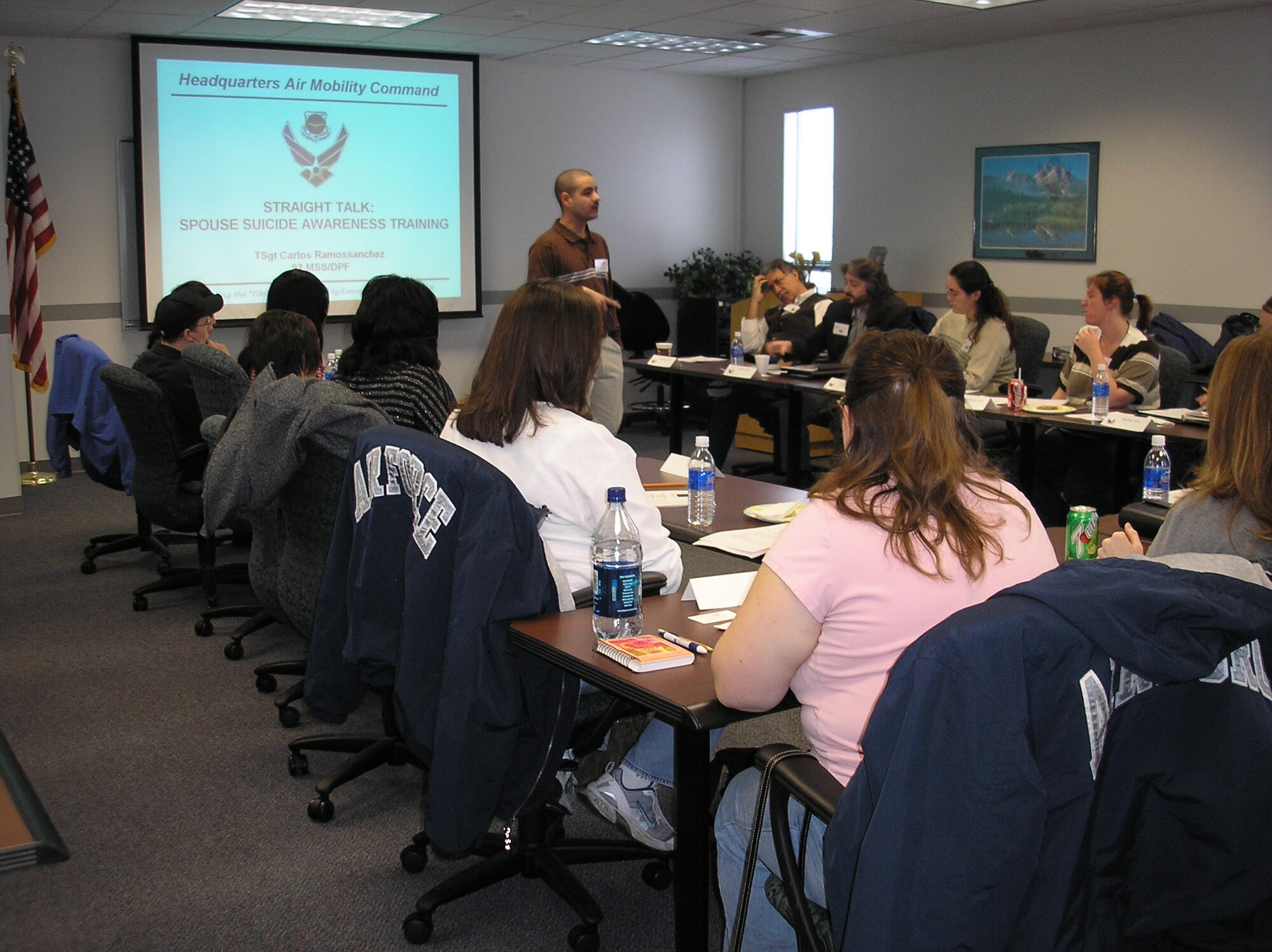 FAIRCHILD AIR FORCE BASE, Wash. -- Tech. Sgt. Carlos Ramossanchez, Airman and Family Readiness Center family readiness coordinator, talks to spouses during Phoenix Spouse training March 3 at the A&FRC. (U.S. Air Force photo/Master Sgt. Brenden Kelley)
