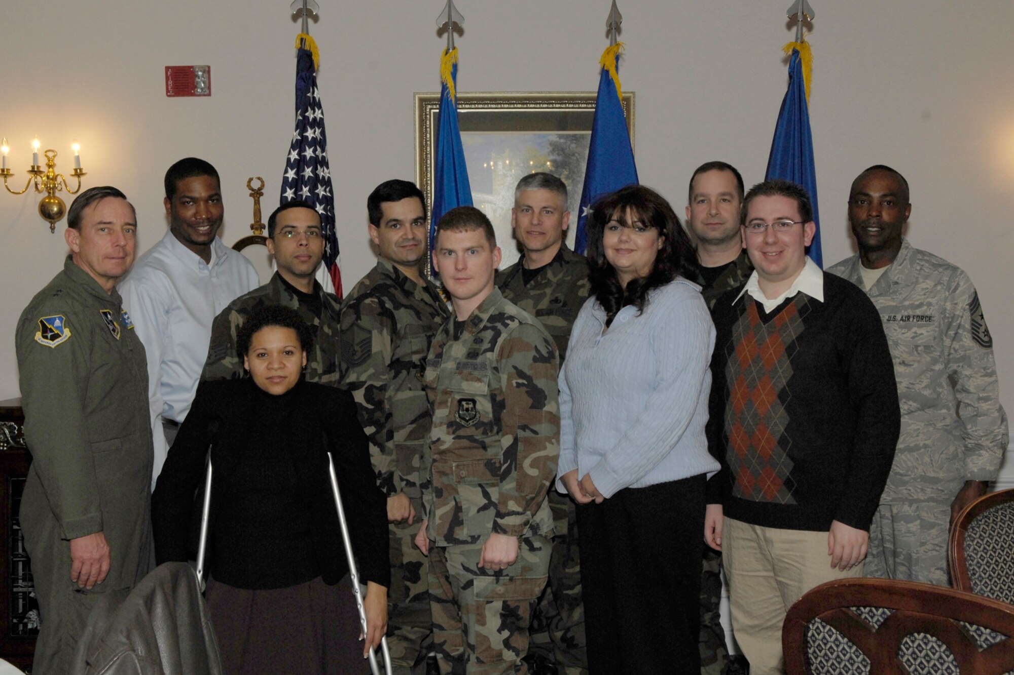 L to R, front:  Maj Gen Smolen, Ms Ana DaSilva, Civ of Yr Cat III; Capt Alexander Ackerman, CGO of the Yr; Ms Celina Baird, Civ Vol of Yr; Mr Michael Fry, Civ of the Yr Cat II; Chief Monroe

L to R, back:  Mr Jason Murphy, Civ of Yr Cat I; SSgt Gabriel Urdaneta, Amn of Yr; MSgt Darilberto Zednik, NCO of the Yr; MSgt Brian Woodbury, Mil Vol of Yr; MSgt Gregory Wooten, 1st Sgt of Yr.


