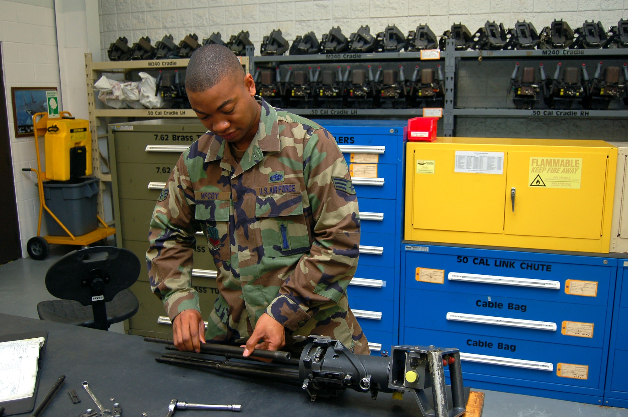 Senior Airman Derrick McCoy removes the barrels from a 7.62mm GAU-2 minigun during an inspection March 12 at Moody Air Force Base, Ga. Airman McCoy is a 723rd Aircraft Maintenance Squadron armament systems journeyman. (U.S. Air Force photo/Tech. Sgt. Parker Gyokeres)