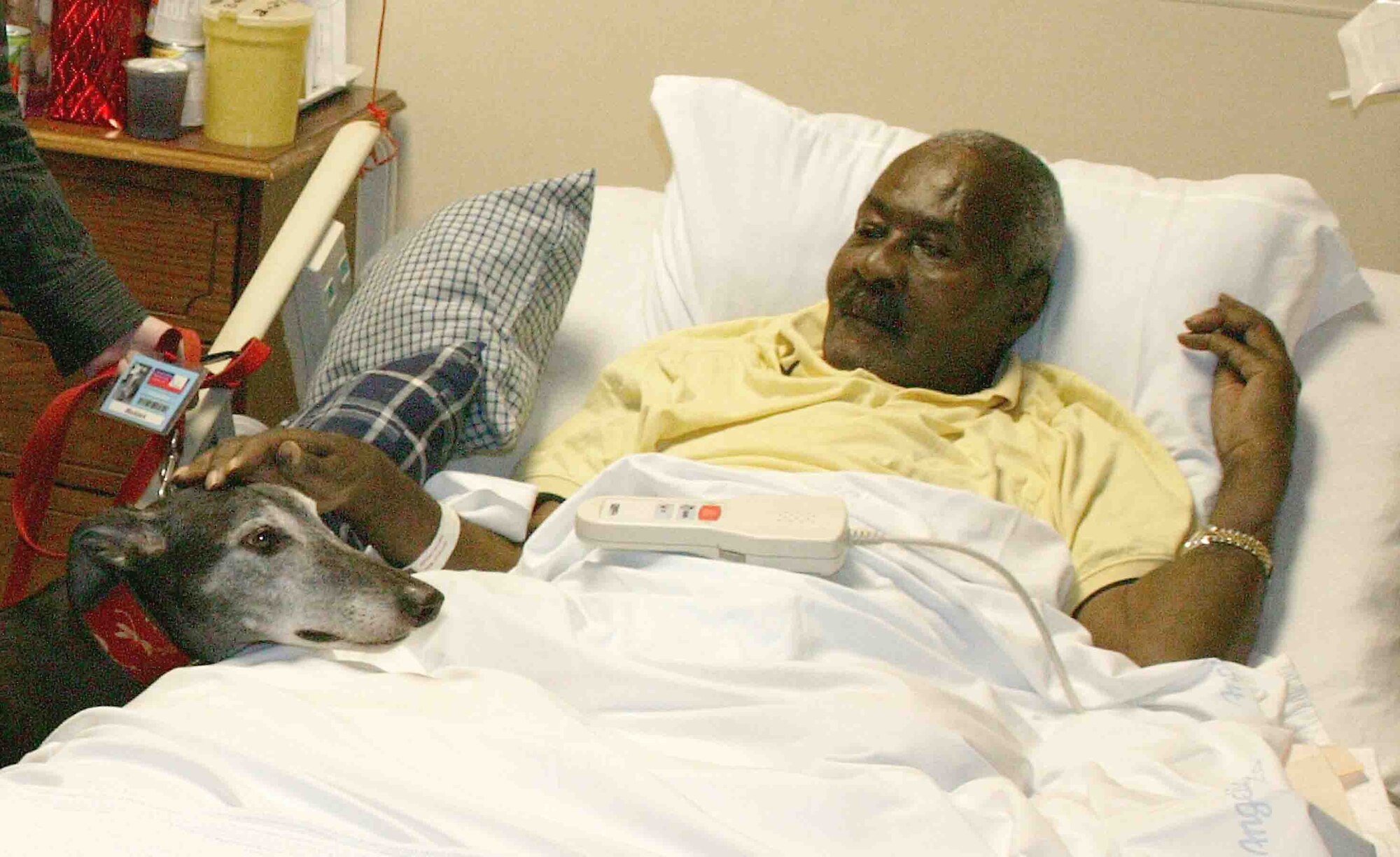 COLUMBIA, S.C. -- Army veteran Jerome McCray pets a dog during pet therapy at the Veterans' Affairs Dorn Hospital in Columbia, S.C. Airmen from Shaw Air Force Base, S.C., visited Mr. McCray, who served in Vietnam, and other veterans March 2. "I wanted to give some of my time to the veterans who served before me, to show them we appreciate the sacrifices they have made," said Tech. Sgt. Dexter Woodruff, 20th Fighter Wing status of resources and training systems manager. (U.S. Air Force photo/Senior Airman John Gordinier)
