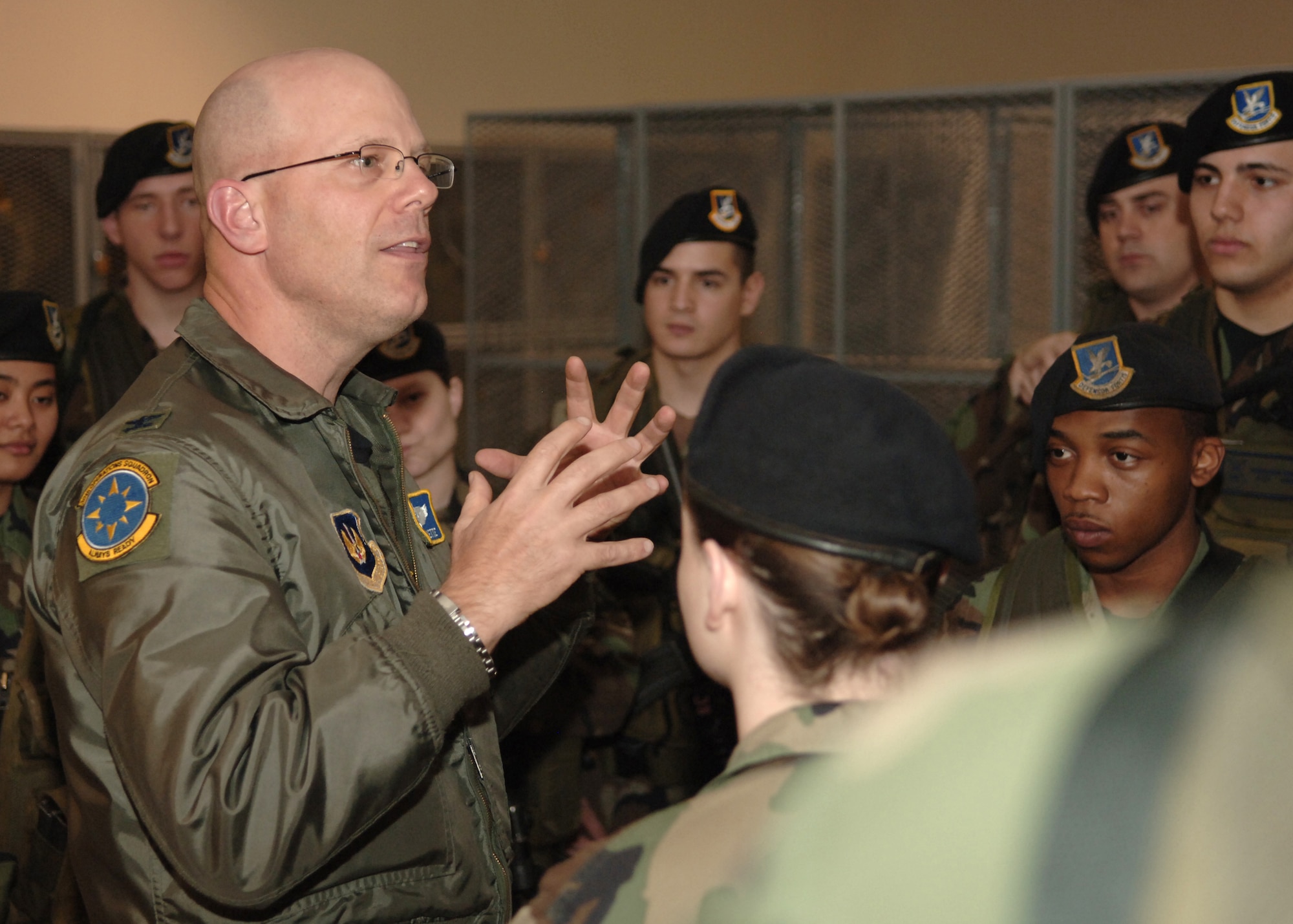 INCIRLIK AIR BASE, Turkey - Col. "Tip" Stinnette, 39th Air Base Wing commander, congratulates the 39th Security Forces Squadron for being awarded best in the Air Force for large SFS at the Armory March 12.  (U.S. Air Force photo by Airman First Class Nathan W. Lipscomb)  