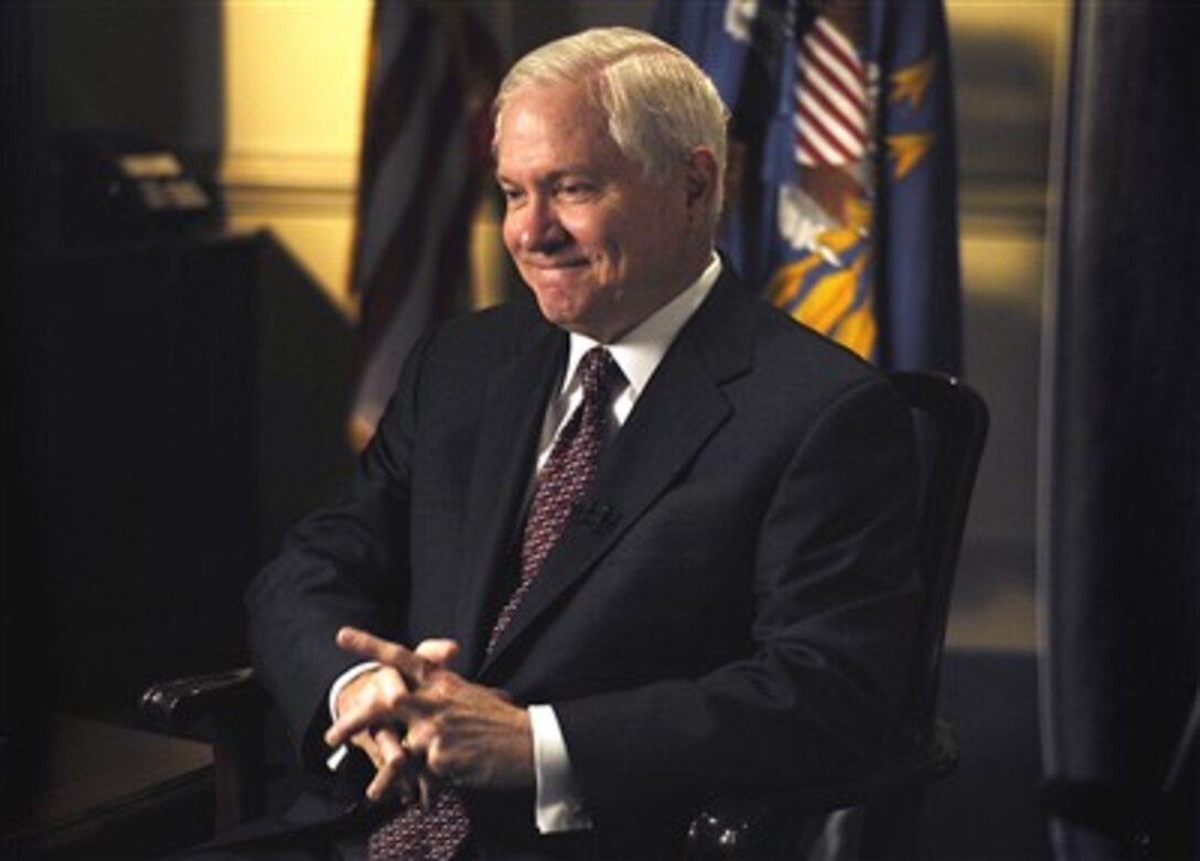 Secretary of Defense Robert M. Gates speaks during a one-on-one interview with the Pentagon Channel, at the Pentagon, March 13, 2007.  