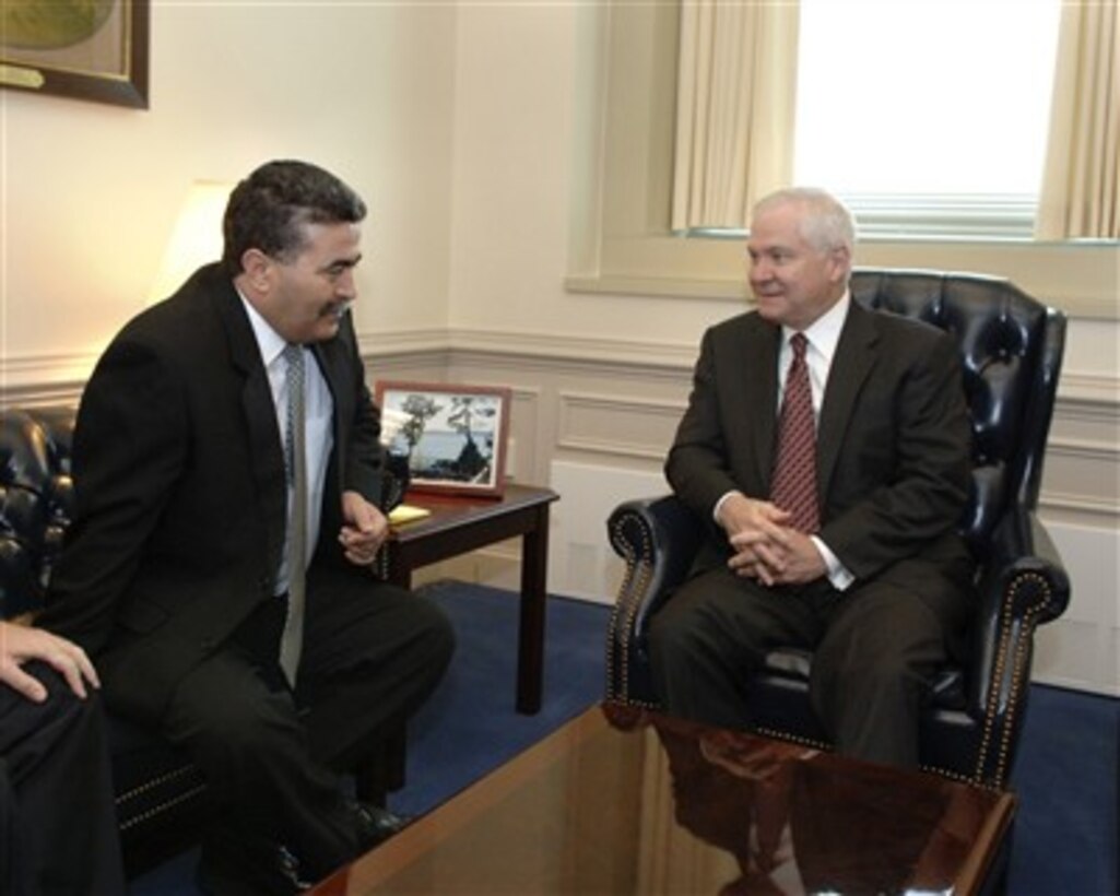 Secretary of Defense Robert M. Gates (right) meets with  Israel's Minister of Defense Amir Peretz in Gates' Pentagon office on Mar. 13, 2007.  Gates and Peretz are meeting to discuss defense issues of mutual interest.  