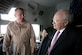 Lt. Col. Rick Rupp, 14th Airlift Squadron commander, visits with Vice President Dick Cheney in the cockpit of a C-17 while en route to Afghanistan. 14 AS aircrew members provided airlift support for the vice president during his recent Middle East tour. (White House photo by David Bohrer)