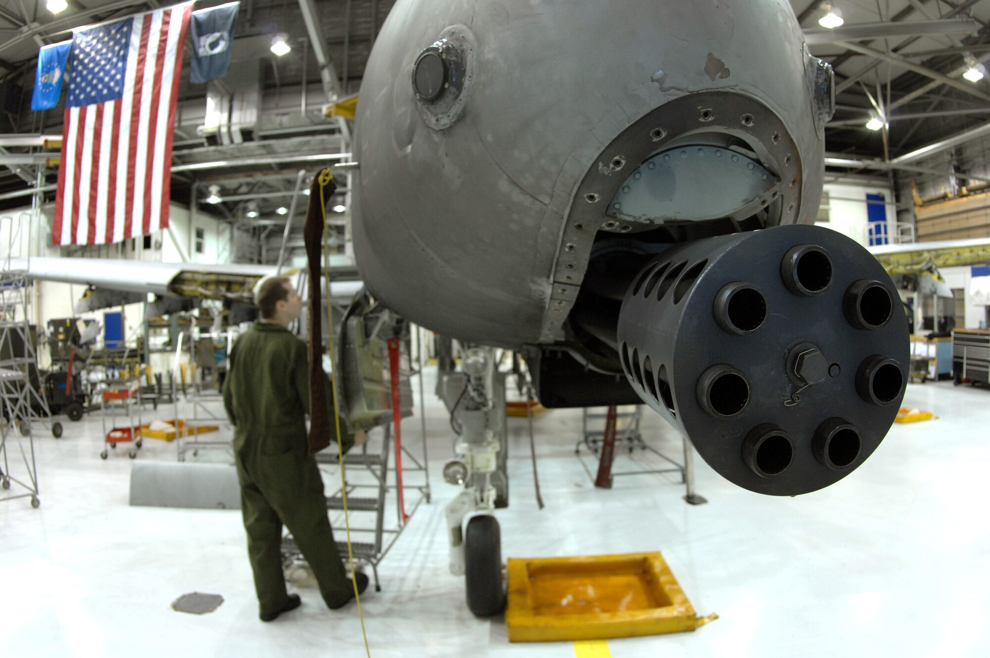 An A-10 Thunderbolt II goes through phase maintenance March 13 at Eielson Air Force Base, Alaska.  Phase maintenance is an overhaul of the entire aircraft which ensures it is ready for safe flight.  A-10 pilots use a 30mm GAU-8/A 7-barrel Gatling gun as their primary weapon for disabling enemy ground targets.  The gun can fire 3,900 rounds per minute.  (U.S. Air Force photo/Staff Sgt Joshua Strang)