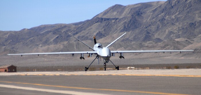 The first operational MQ-9 Reaper taxis into Creech Air Force Base, Nev. March 13. The Reaper is the first of many to be assigned to the 42nd Attack Squadron.
(U.S Air Force Photo by Senior Airman Larry E. Reid Jr.)