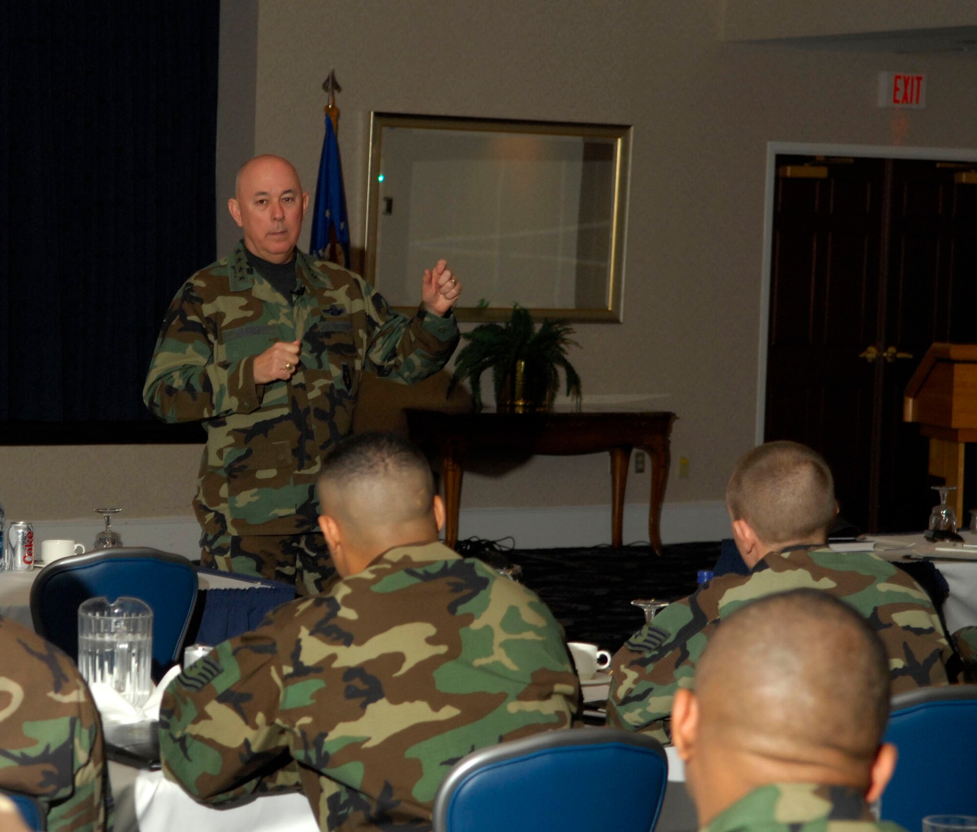 Air Force Chief of Staff, General T. Michael Moseley spoke March 13 to more than 50 NCOs about policy changes, recapitalization, the "Warrior Ethos" and various other Air Force concerns at the NCO Forum held at Bolling Air Force Base, Washington D.C. (U.S. Air Force photo/Tech. Sgt. Cohen A. Young)

