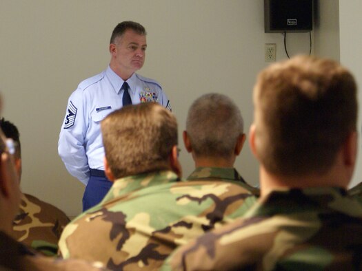 Air Force Reserve Command Chief Master Sgt. Troy J. McIntosh holds an enlisted call at Homestead Air Reserve Base, Fla., March 7. During the visit he discussed key issues such as ancillary training, leadership, mentoring and how to be successful as a reservist. March 7 was the Chief's first day in his new position. He replaces Chief Master Sgt. Jackson A. Winsett who is retiring after more than 30 years of service. (U.S. Air Force photo/Ryan Ayers)
