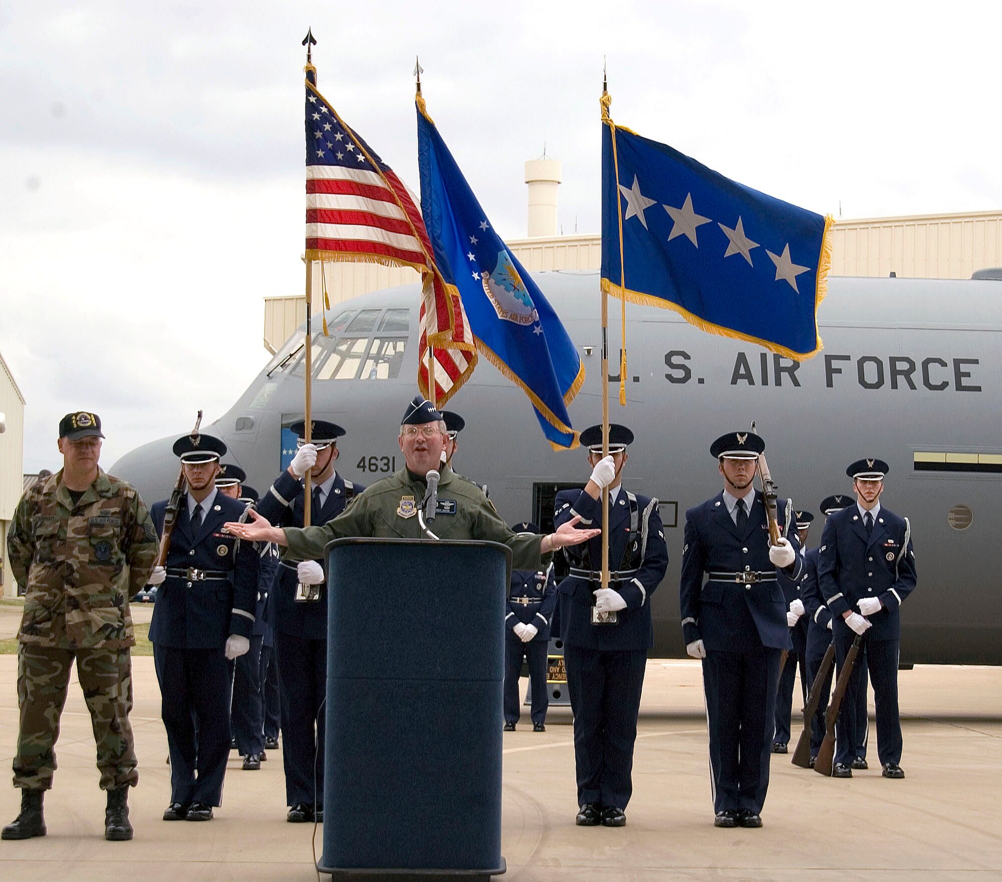 General Duncan McNabb, Air Mobility Command commander, highlights the capabilities of the C-130J Hercules March 13 after personally delivering a new C-130J to the 463rd Airlift Group at Little Rock Air Force Base, Ark.  It is the unit's first J-model and will be used in combat operations around the world. (U.S. Air Force photo/Airman 1st Class Nathan Allen)