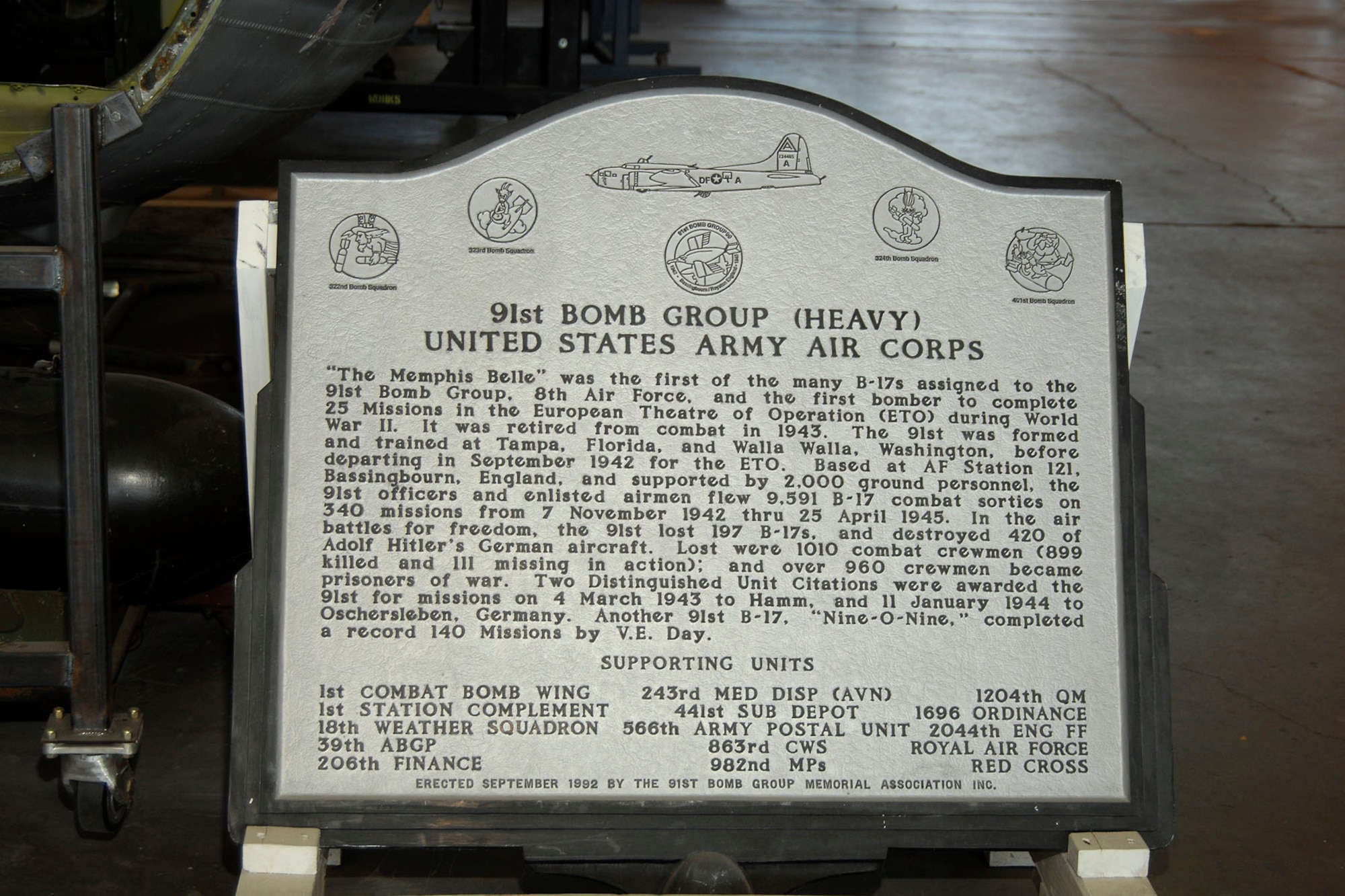 DAYTON, Ohio (02/2007) - Memorial sign that sits in front of the B-17F "Memphis Belle" in the restoration area of the National Museum of the U.S. Air Force. (U.S. Air Force photo by Ben Strasser)