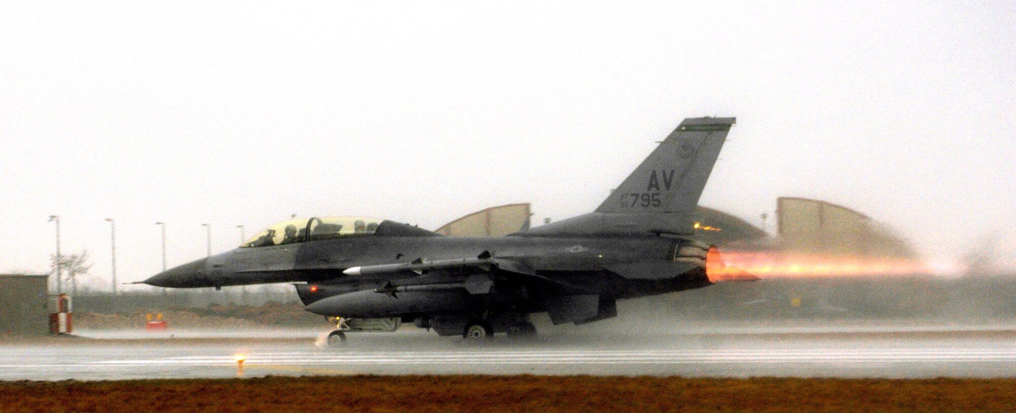 An F-16 from the 555th Fighter Squadron prepares to take off for a training sortie during the TACEVAL March 7.  (U.S. Air Force photo by Airman 1st Class Michael Dorus)