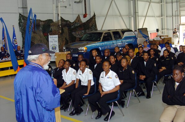 Mr. Val Archer, an original Tuskegee Airman who served during World War II and retired from the Air Force, speaks to Navy Junior Reserve Office Training Corps during JROTC week at Dobbins ARB.  Nearly 5,000 students visited Dobbins during a four-day period for C-130 orientation flights, aircraft displays, Air Force career exhibits and various other displays. (U.S. Air Force photo/Master Sgt. Stan Coleman)