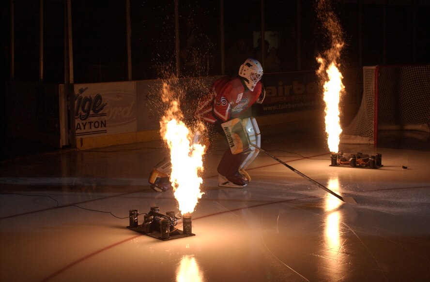 WRIGHT-STATE UNIVERSITY, Ohio -- Dayton Bombers goalie Terry Denike, No. 35, takes to the ice March 10 during pre-game introductions at the Ervin J. Nutter Center.  The special promotional jerseys Denike and the rest of the Bombers wore were auctioned off after the game, raising $9,400 for the Fisher Nightingale Houses.  The Bombers sent the crowd home happy with a 4-2 win over the Wheeling Nailers in East Coast Hockey League action. Air Force photo by Spencer P. Lane